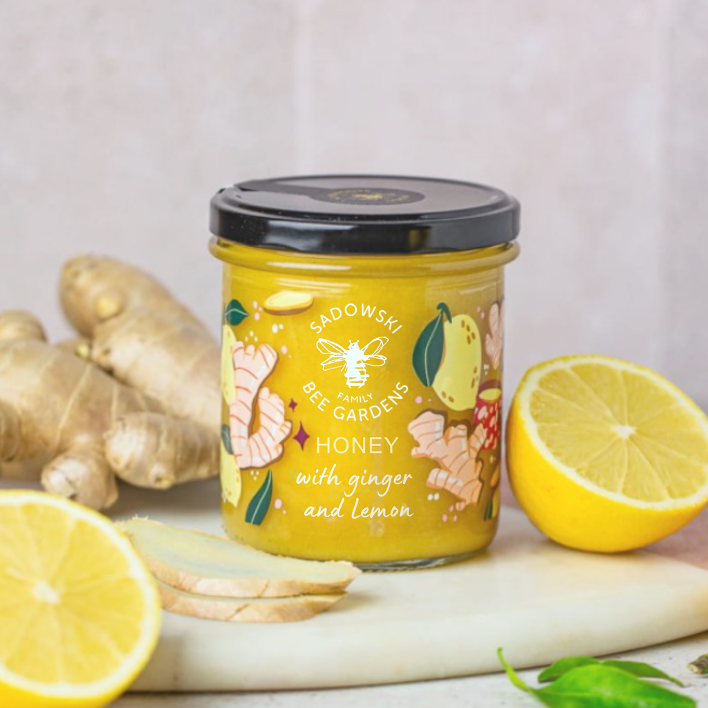 Glass jar of lemon ginger multiflower honey with lemon and ginger – Honey & Bloom Singapore