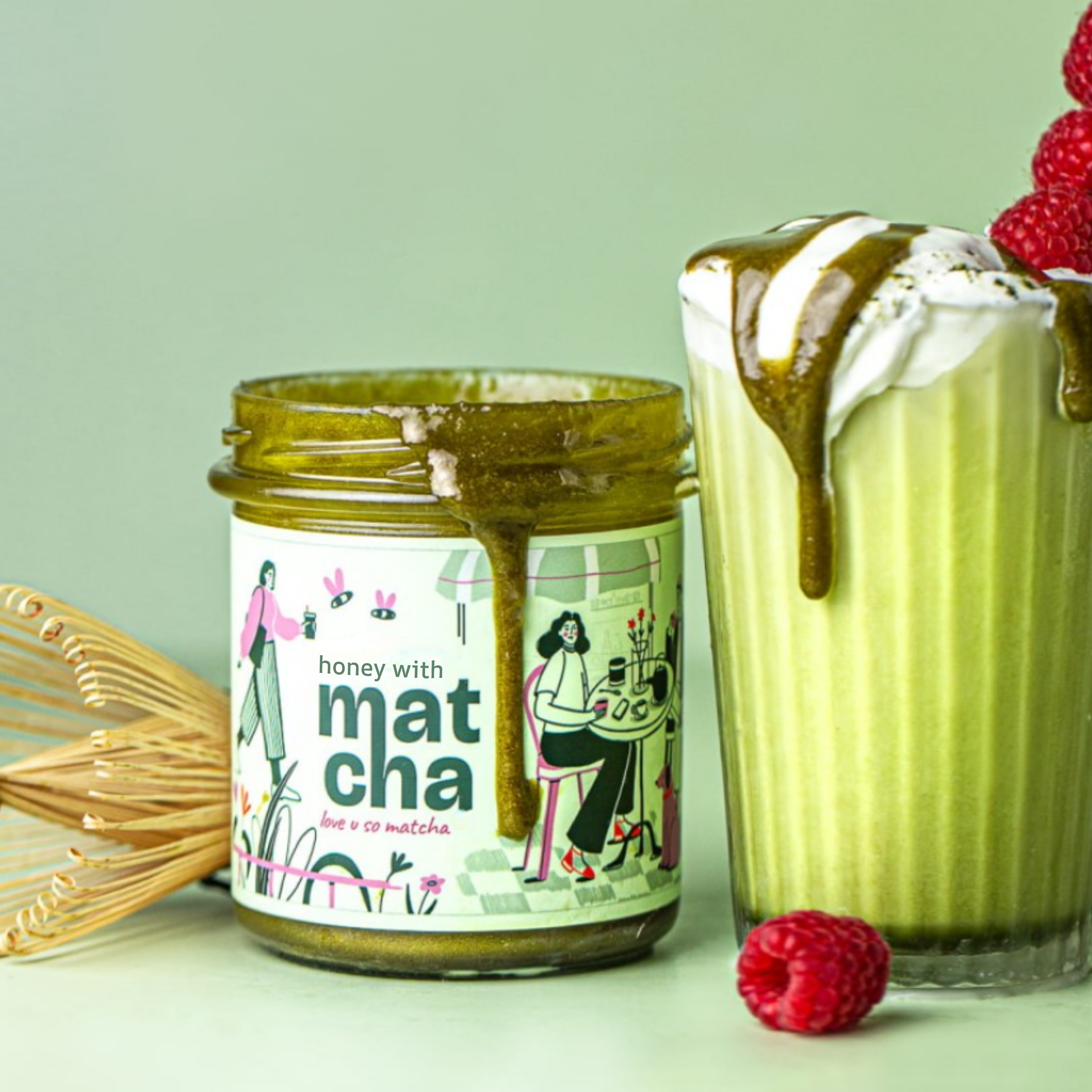 Glass jar of matcha multiflower honey with matcha  – Honey & Bloom Singapore